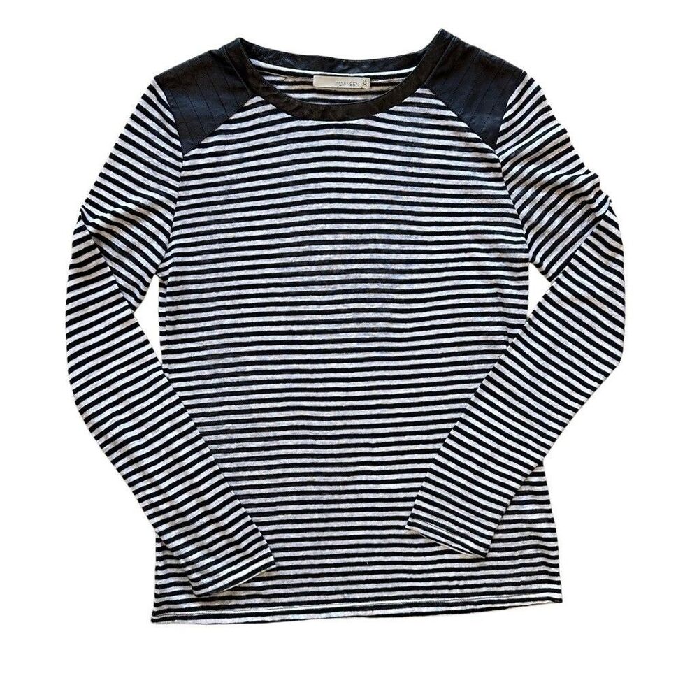 Townsen Black White Micro Stripe Linen Lamb Leather Long Sleeve Shirt Size XS